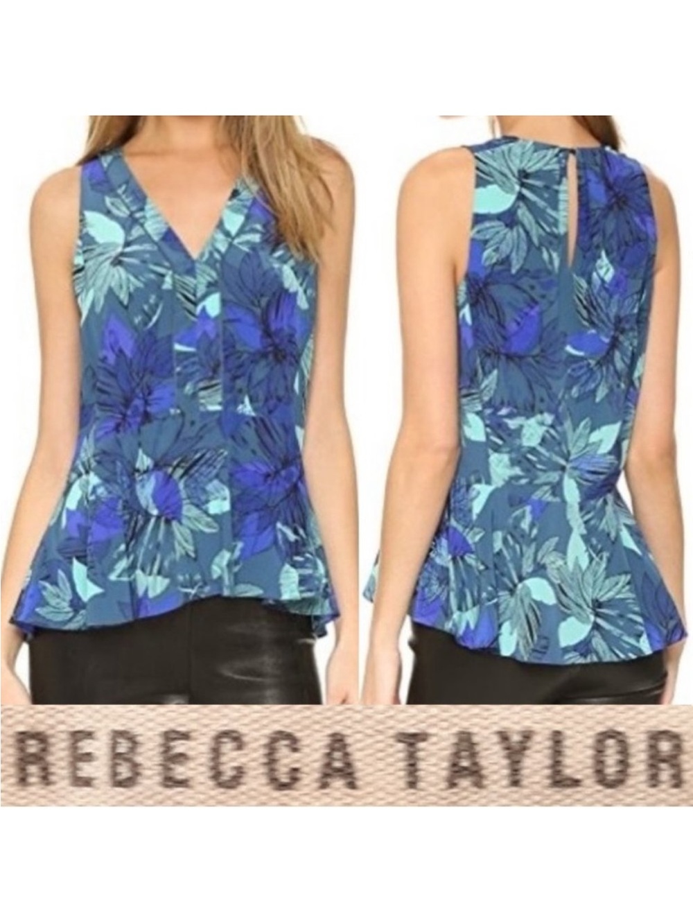 Rebecca Taylor Blue Floral V-Neck Peplum Camisole